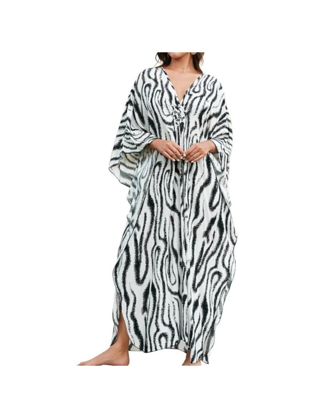 Womens White Black Lines V-neck Batwing Sleeve Flowy Split Bohemian Kaftan Dress